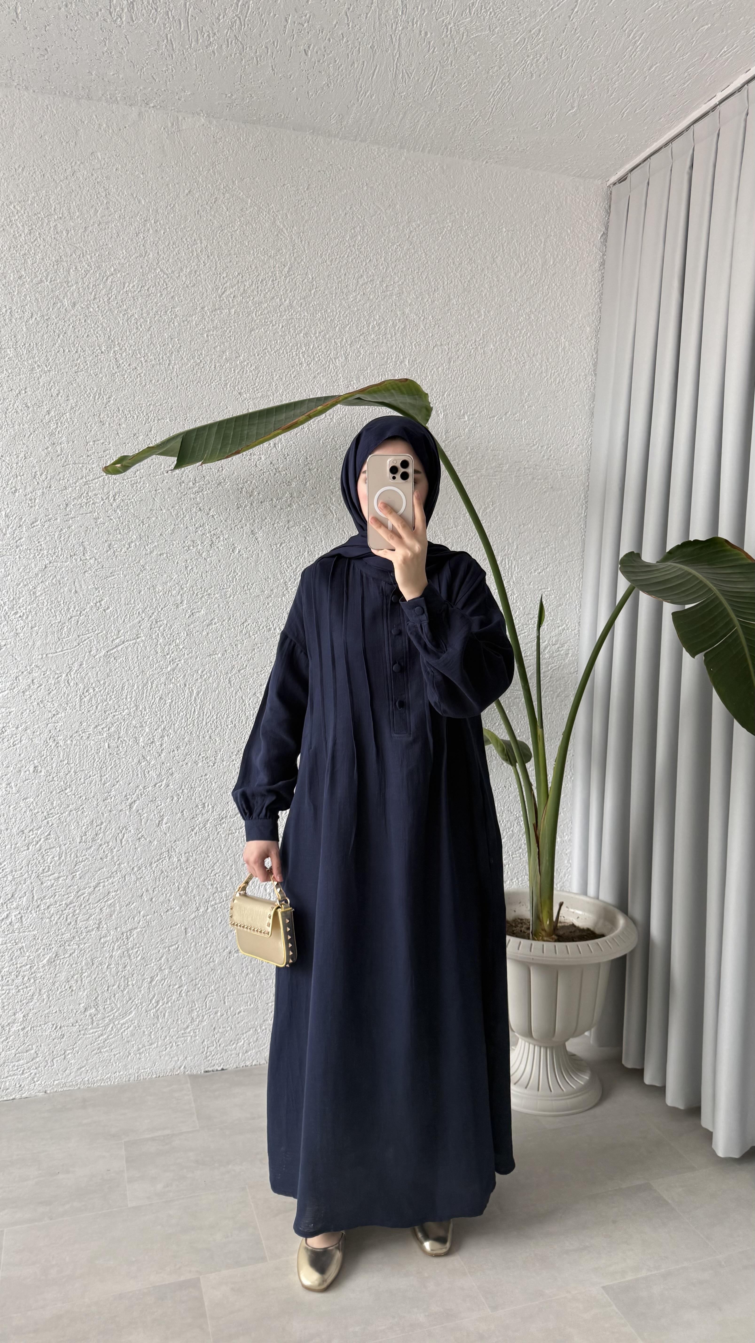 NERVÜRLÜ MÜSLİN ELBİSE - LACİVERT