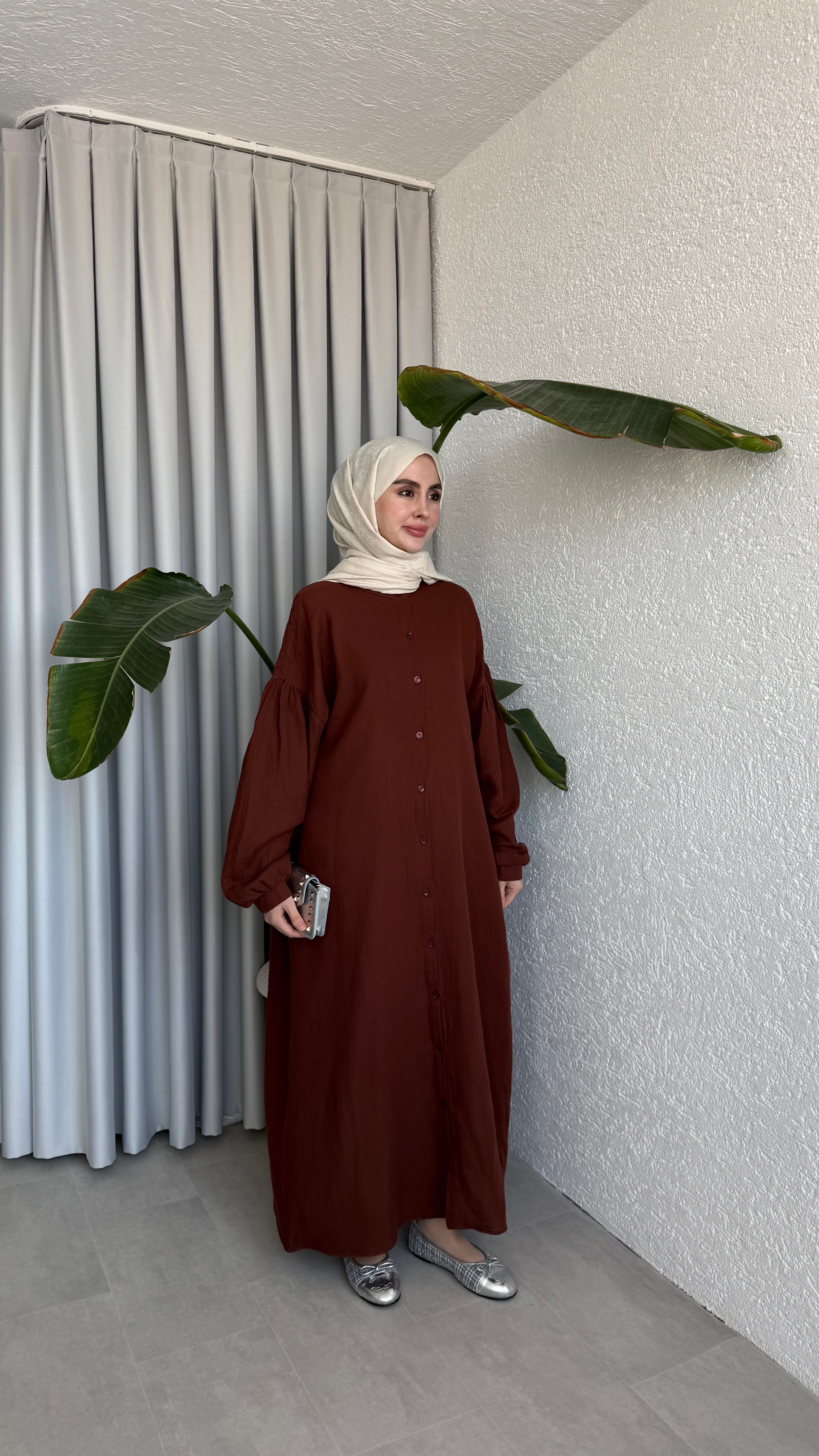 ÖNÜ DÜĞMELİ MÜSLİN ELBİSE - KİREMİT