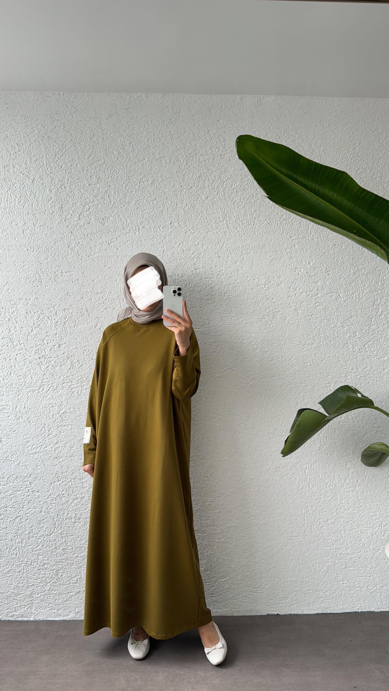 OVERSİZE UZUN RAHAT ELBİSE - YAĞ YEŞİLİ