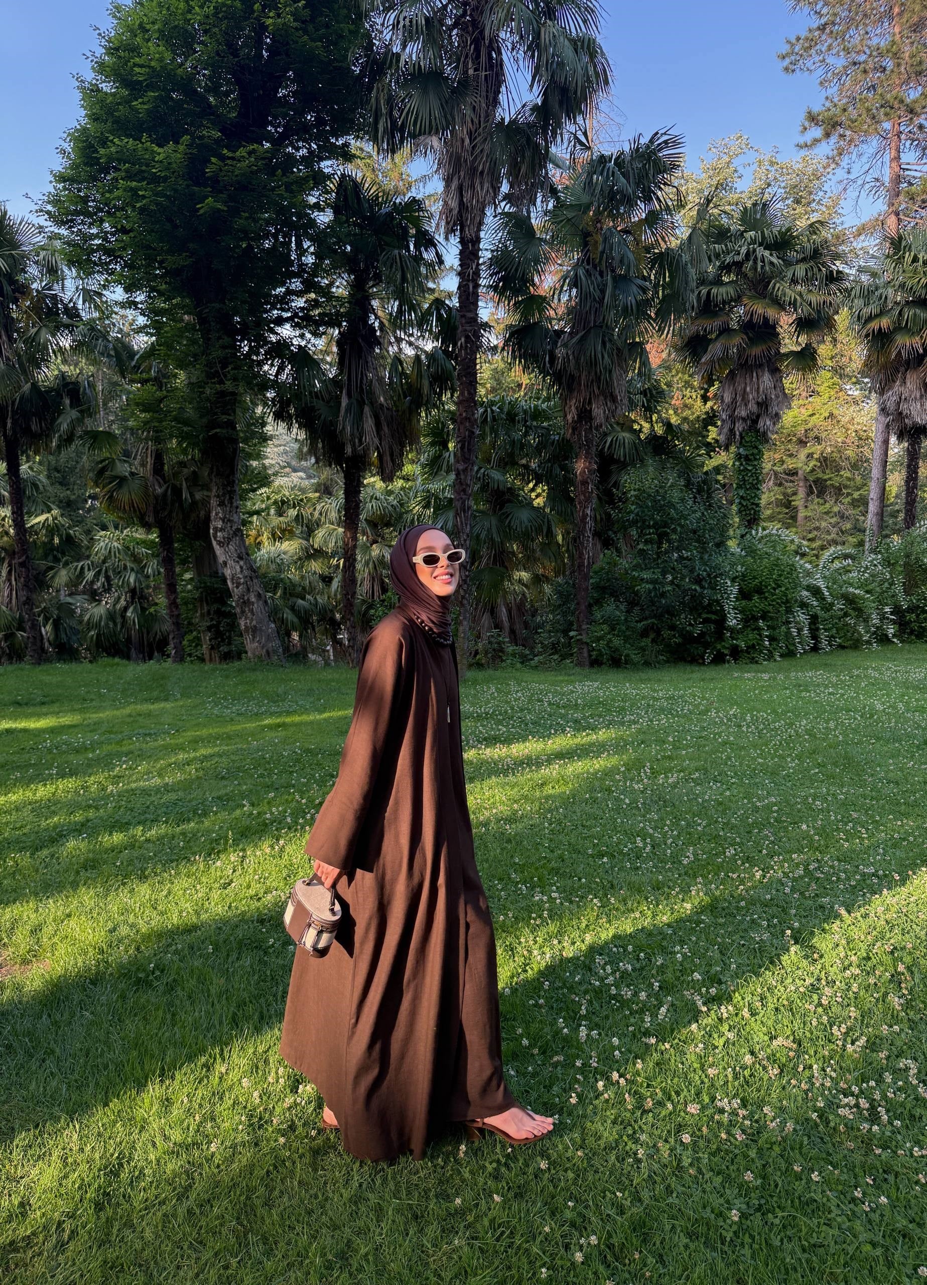 SAFA %100 KETEN ABAYA TAKIM -  KAHVE
