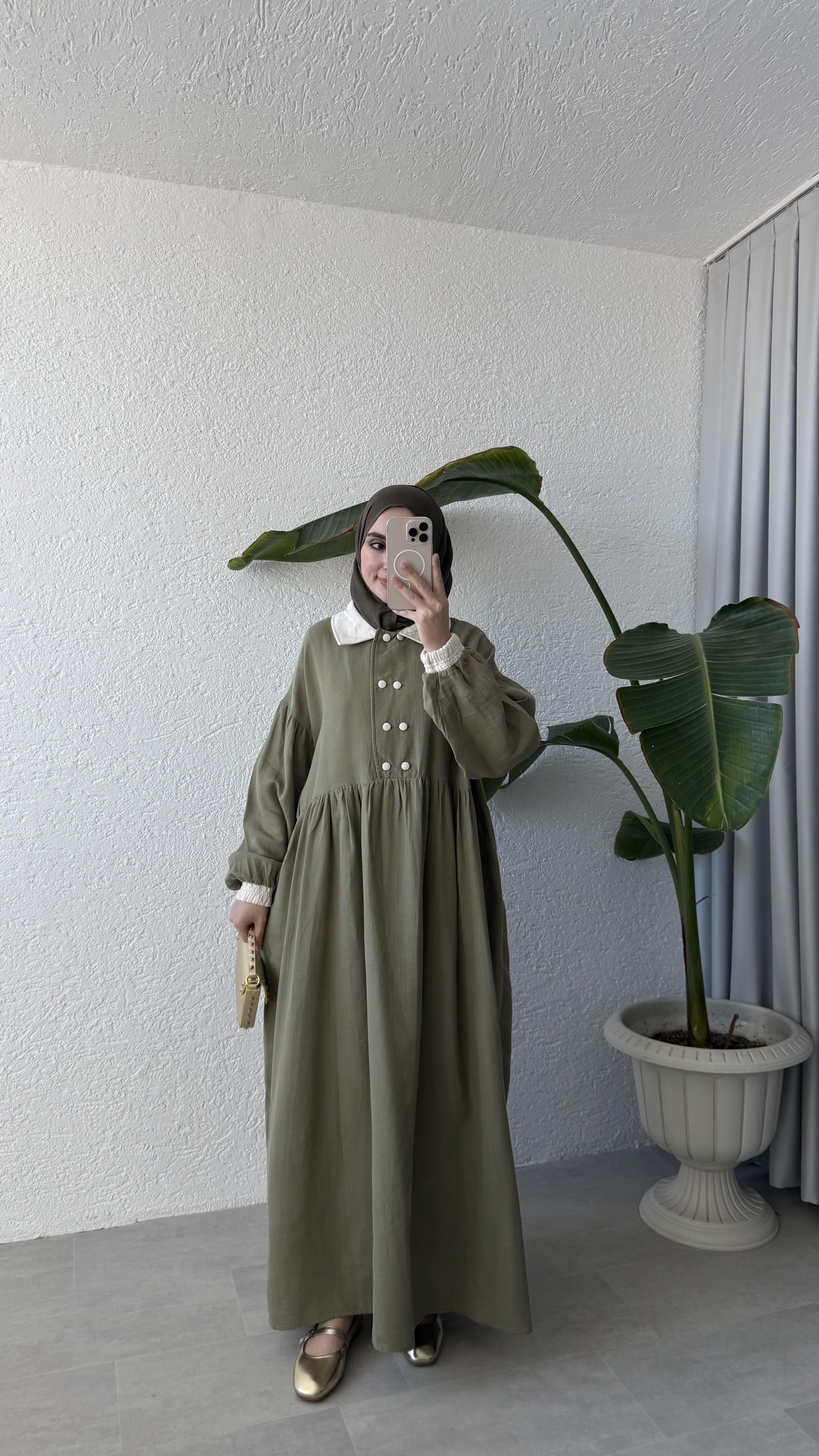 VİNTAGE YAKA MÜSLİN ELBİSE - HAKİ