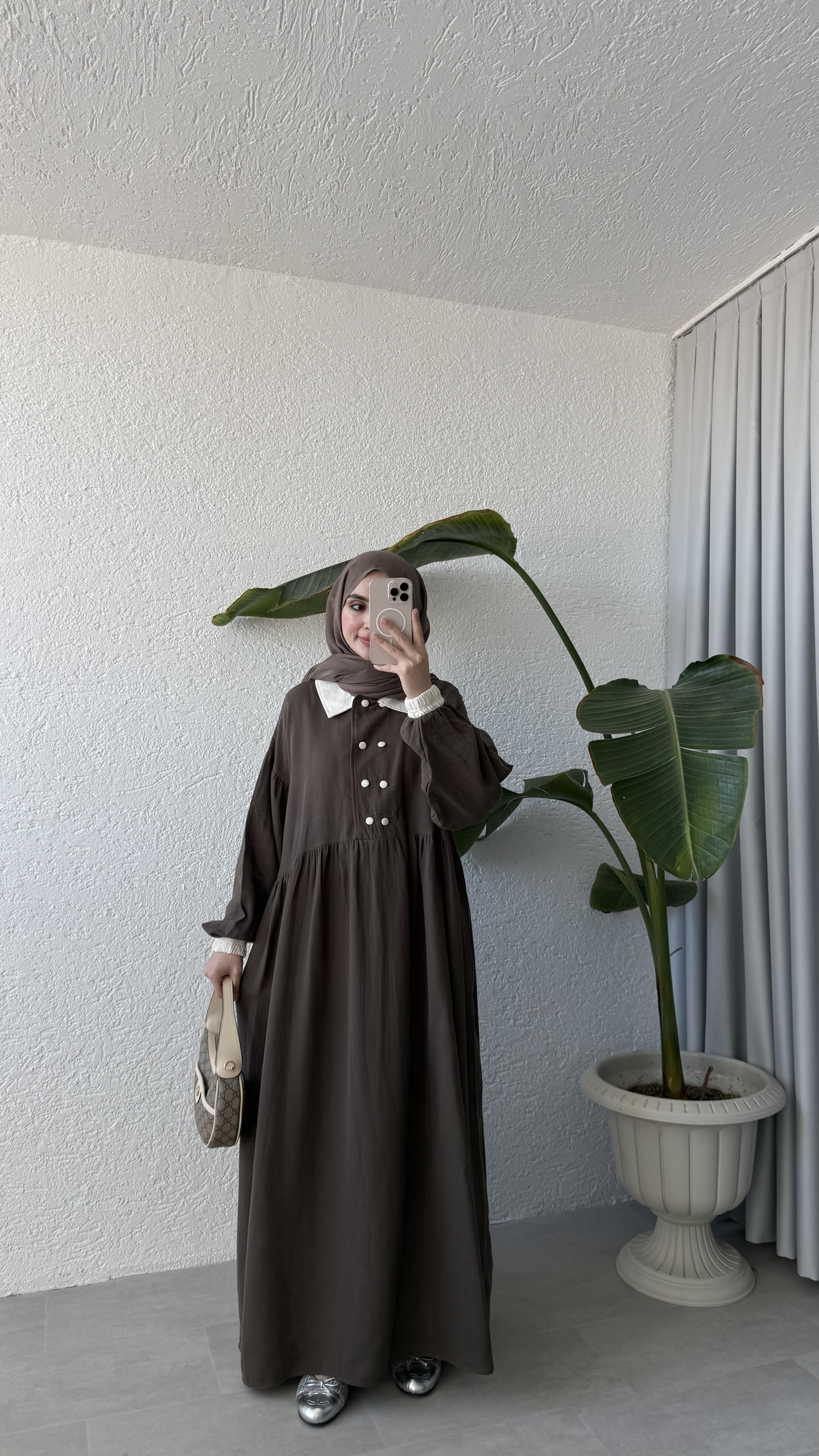 VİNTAGE YAKA MÜSLİN ELBİSE - KAHVE