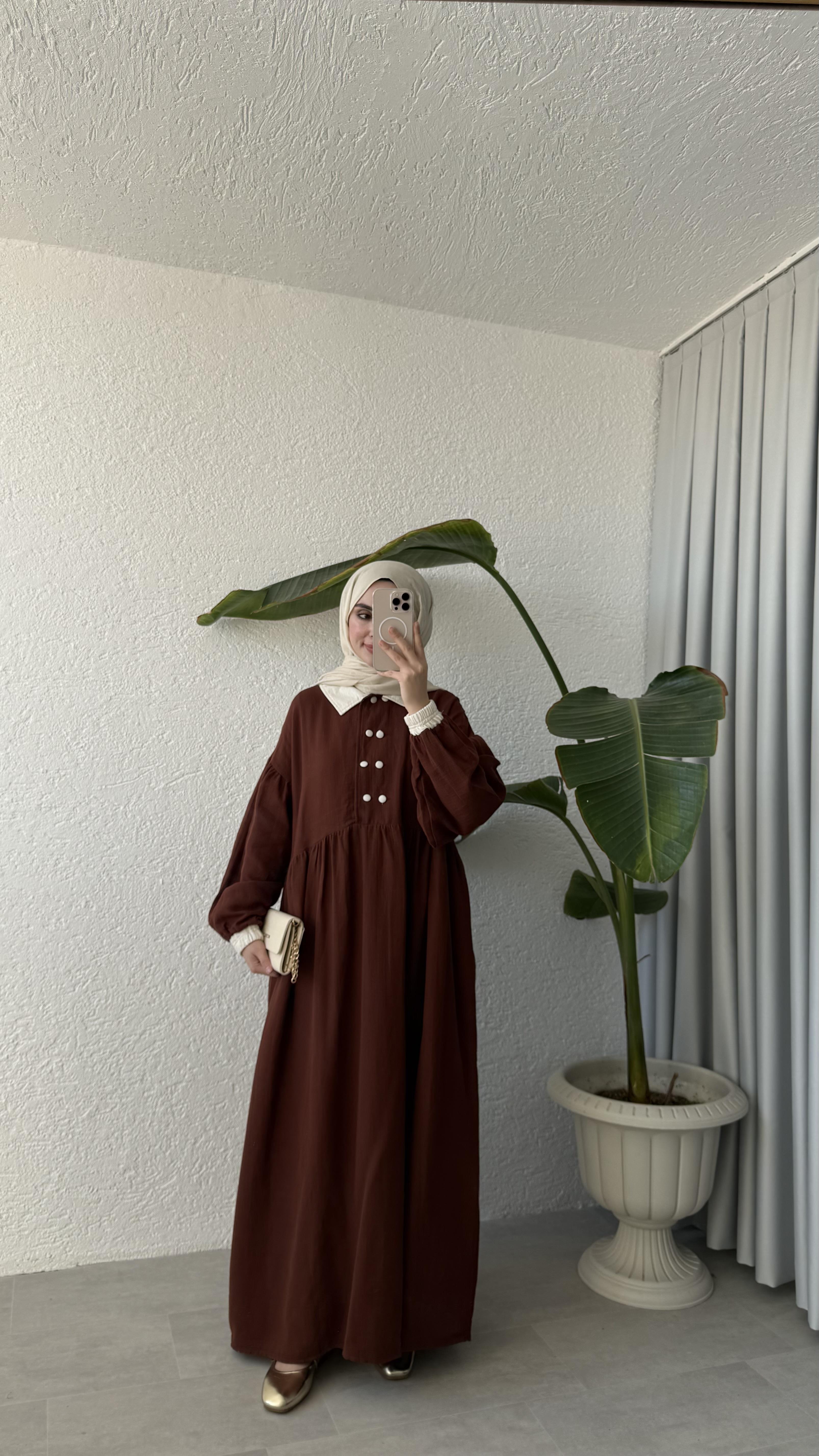 VİNTAGE YAKA MÜSLİN ELBİSE - KİREMİT