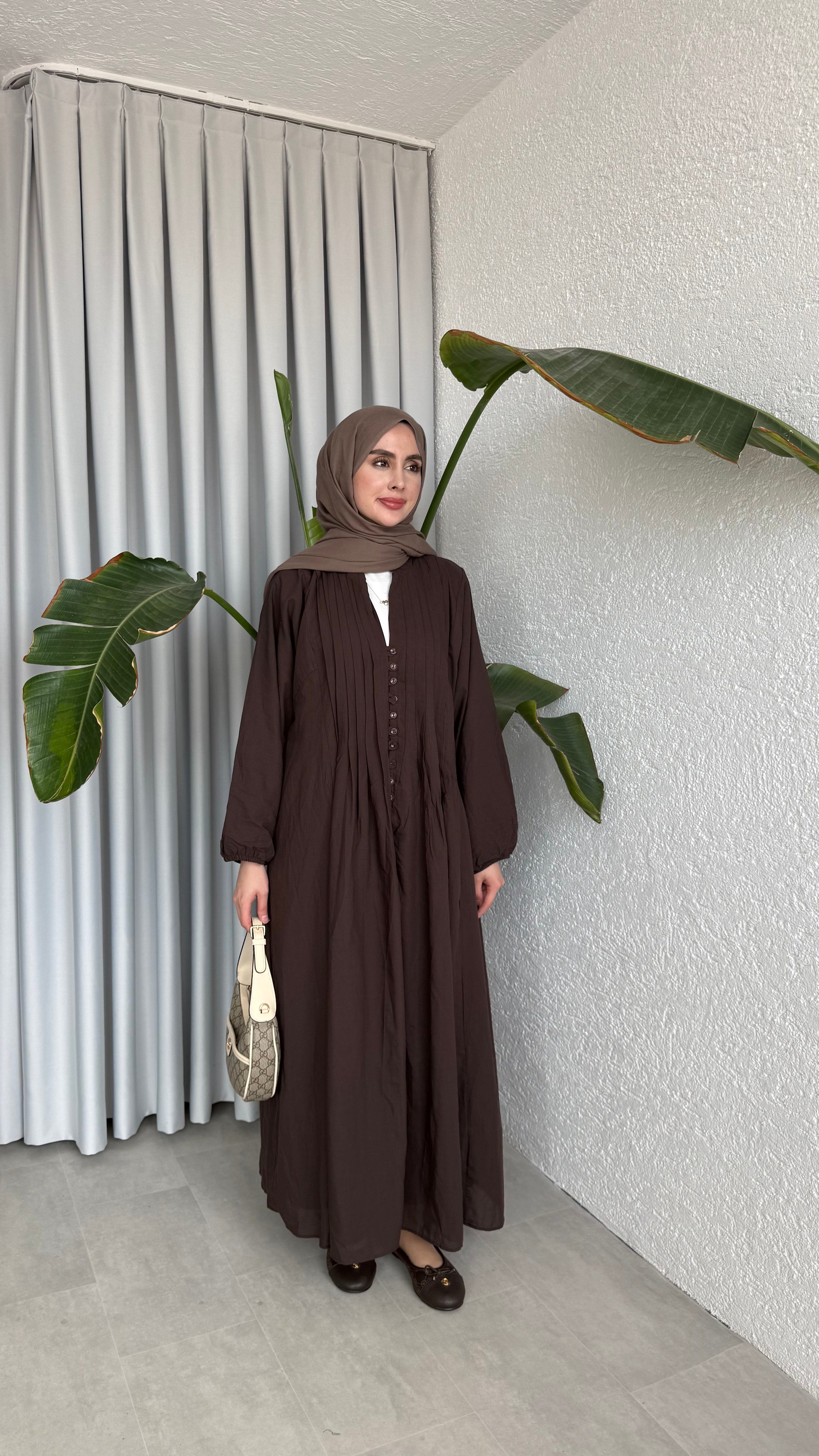 VUAL  ASTARLI PİLE ELBİSE - KAHVE