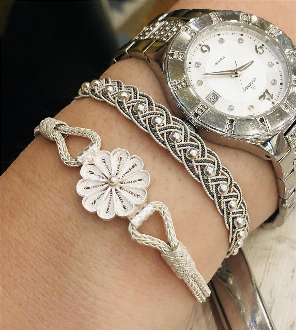 Çiçek Telkari İşlemeli&Dorika İşlemeli Kazaziye Gümüş Bileklik Set