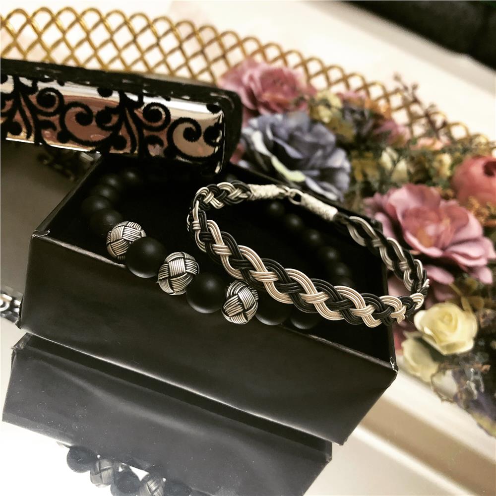 İkili Doğal Obsidyen Taş&Siyah Beyaz Gümüş Bileklik Set