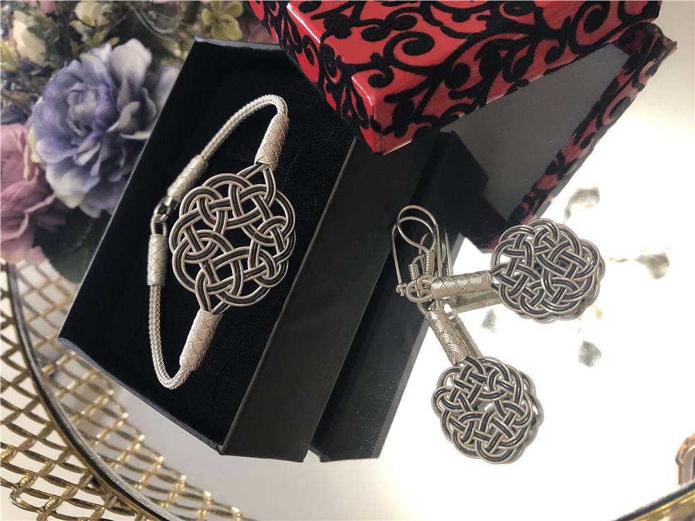 Siyah Beyaz Aşk Düğümü Kazaziye Gümüş Bileklik&Küpe Set