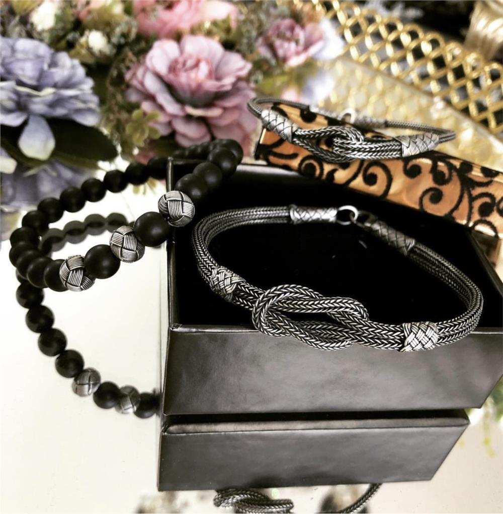 Üçlü Doğal Obsidyen Taş&Oksitli Gümüş Bileklik Set