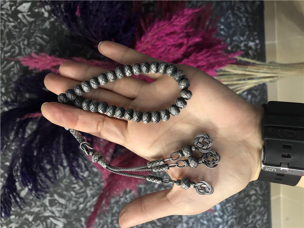 Yonca Püsküllü Kazaziye Oksitli Gümüş Tesbih