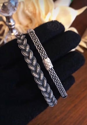 Oksitli Zincir Örgülü ve İkili Çerkez Model Gümüş İkili Bileklik Set