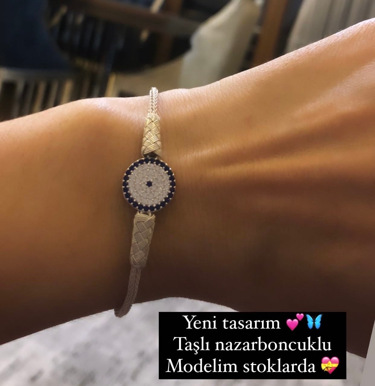 Gümüş Kazaziye El İşlemesi Taşlı Nazar Boncuğu Bileklik