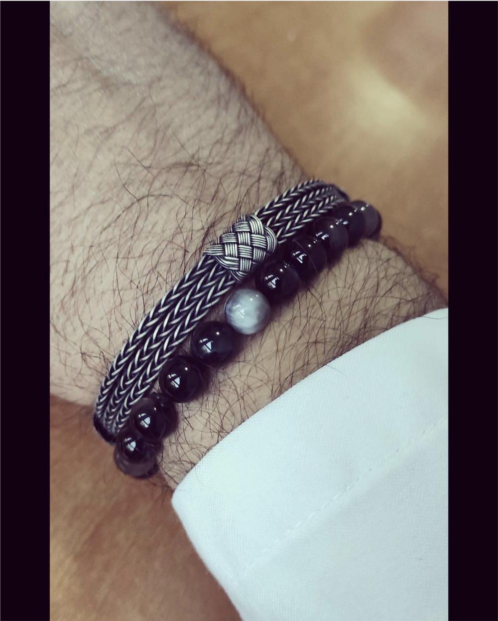 İkili Doğal Akik Taş&Oksitli Gümüş Bileklik Set