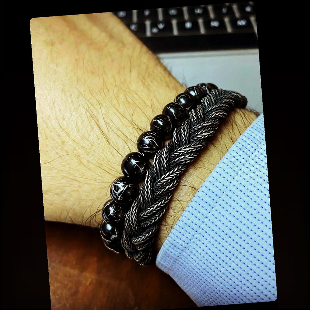 İkili Doğal Akik Taş&Oksitli Gümüş Bileklik Set