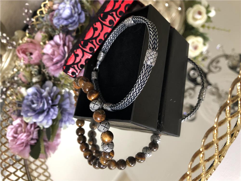 İkili Doğal Kaplan Gözü Taş&Oksitli Gümüş Bileklik Set