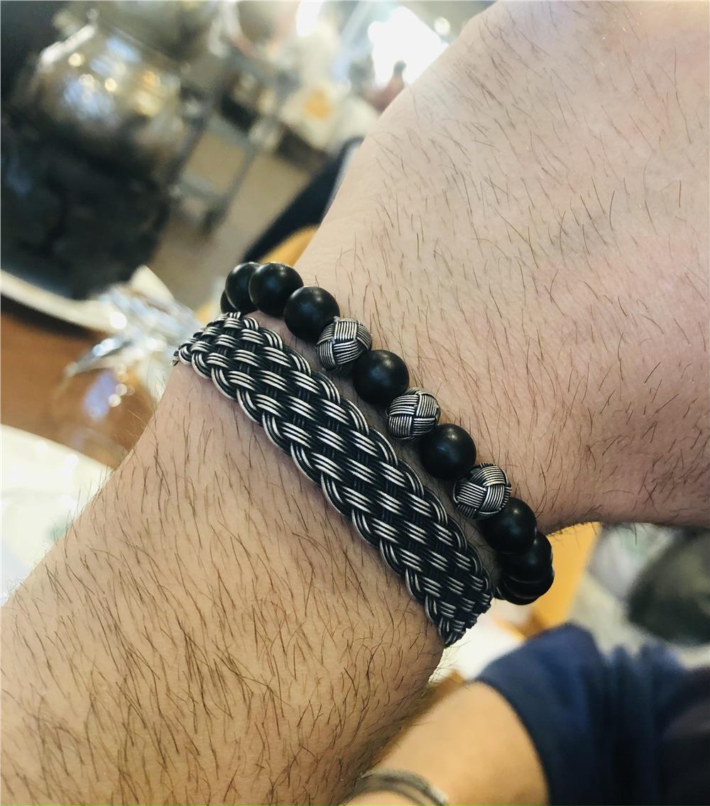 İkili Doğal Obsidyen Taş&Oksitli Gümüş Bileklik Set