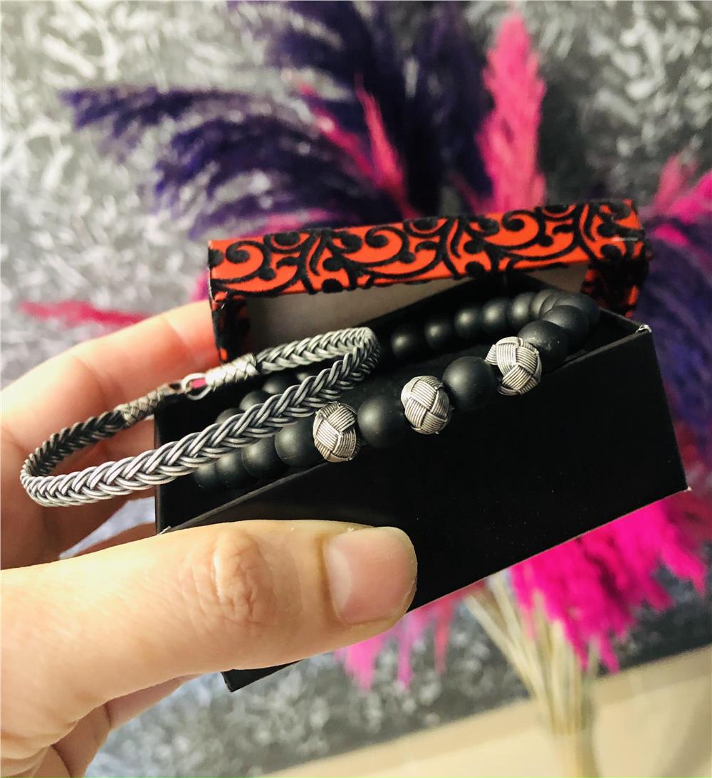 İkili Doğal Obsidyen Taş&Oksitli Gümüş Bileklik Set