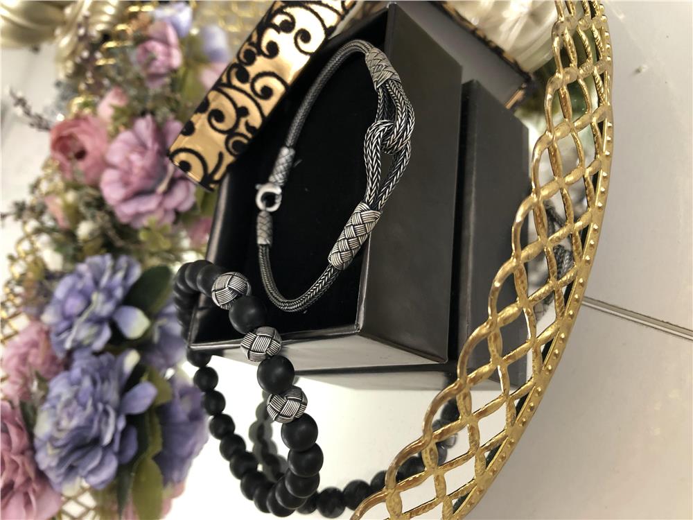 İkili Doğal Obsidyen Taş&Oksitli Gümüş Bileklik Set