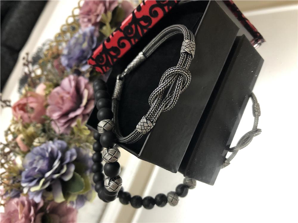 İkili Doğal Obsidyen Taş&Oksitli Gümüş Bileklik Set