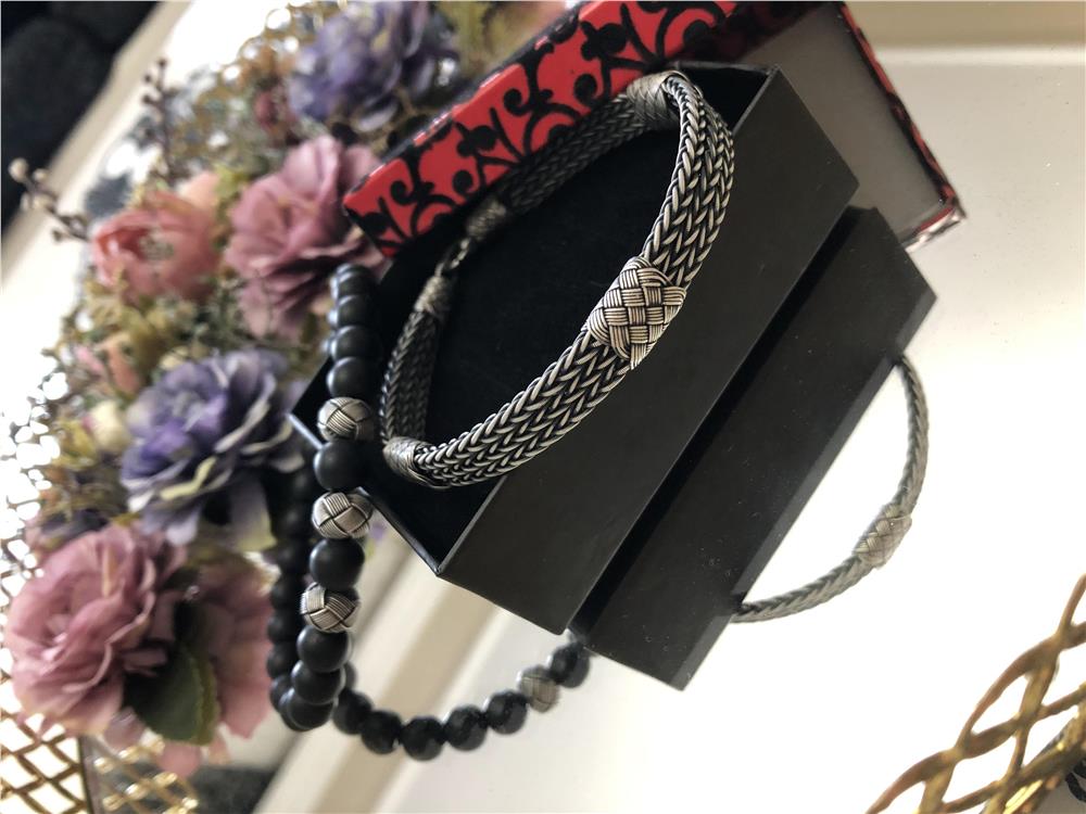 İkili Doğal Obsidyen Taş&Oksitli Gümüş Bileklik Set