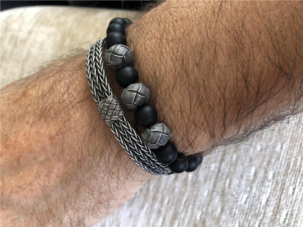 İkili Doğal Obsidyen Taş&Oksitli Gümüş Bileklik Set