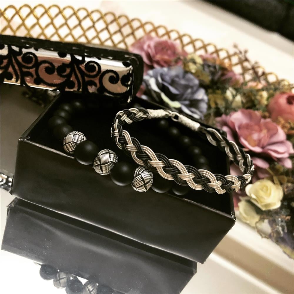 İkili Doğal Obsidyen Taş&Siyah Beyaz Gümüş Bileklik Set