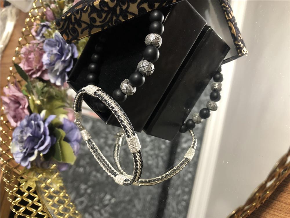 İkili Doğal Obsidyen Taş&Siyah Beyaz Gümüş Bileklik Set