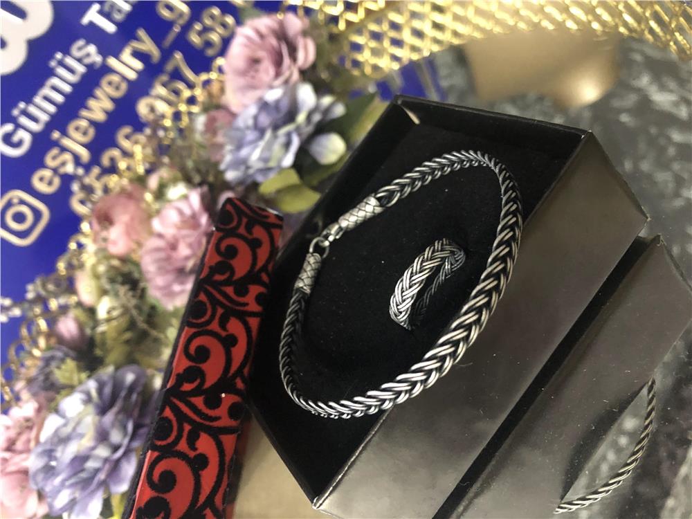 Oksitli Sırt Örgü Model Kazaziye Gümüş Bileklik&Yüzük Set