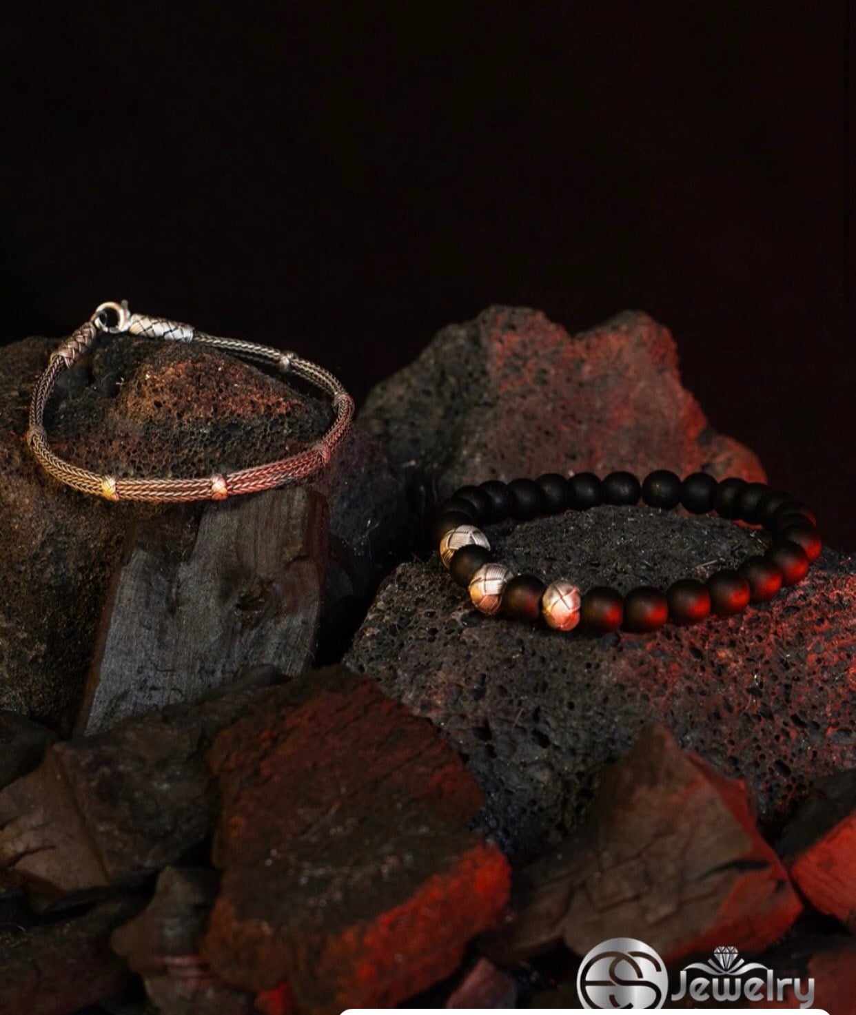 Oksitli Top İşlemeli ve Obsidyen Taşlı Gümüş İkili Bileklik Set