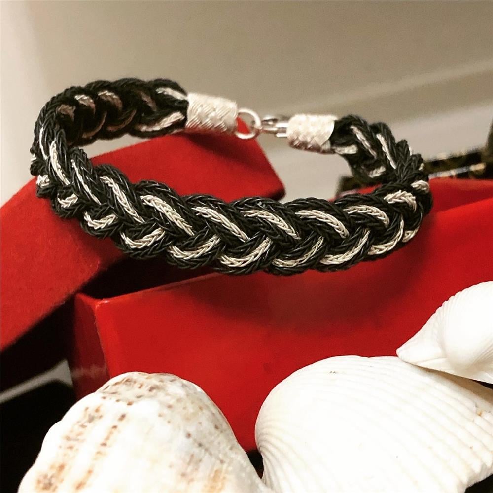 Siyah Beyaz İkili Zincir Örgü Model Kazaziye Gümüş Bileklik