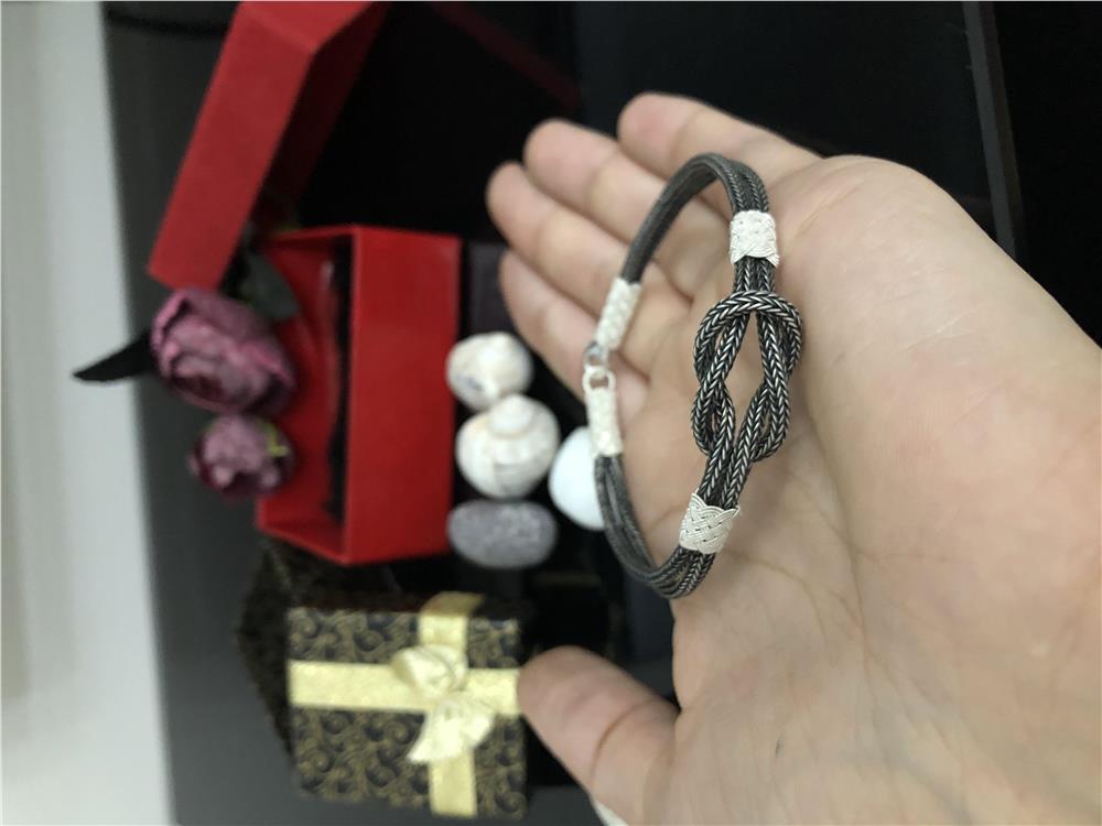 Siyah Beyaz Kalın Gemici Düğüm Model Kazaziye Gümüş Bileklik