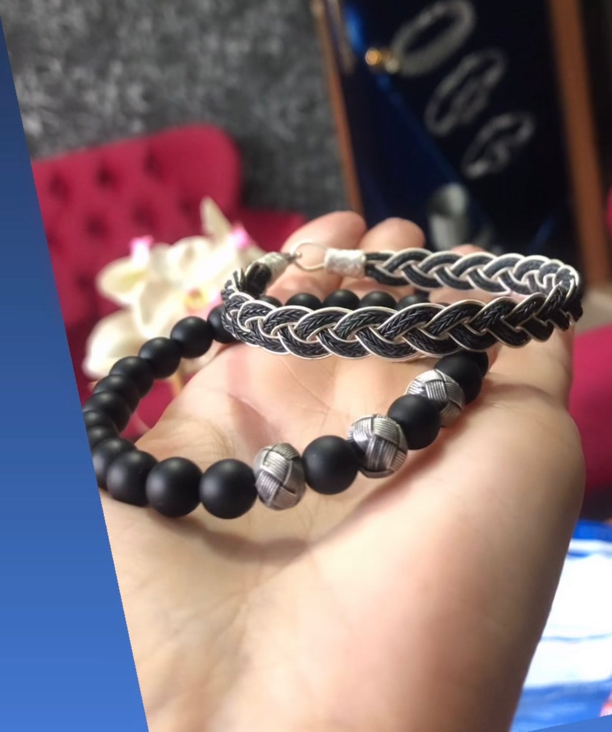 Siyah Beyaz ve Top İşlemeli Obsidyen Taşlı İkili Bileklik Set