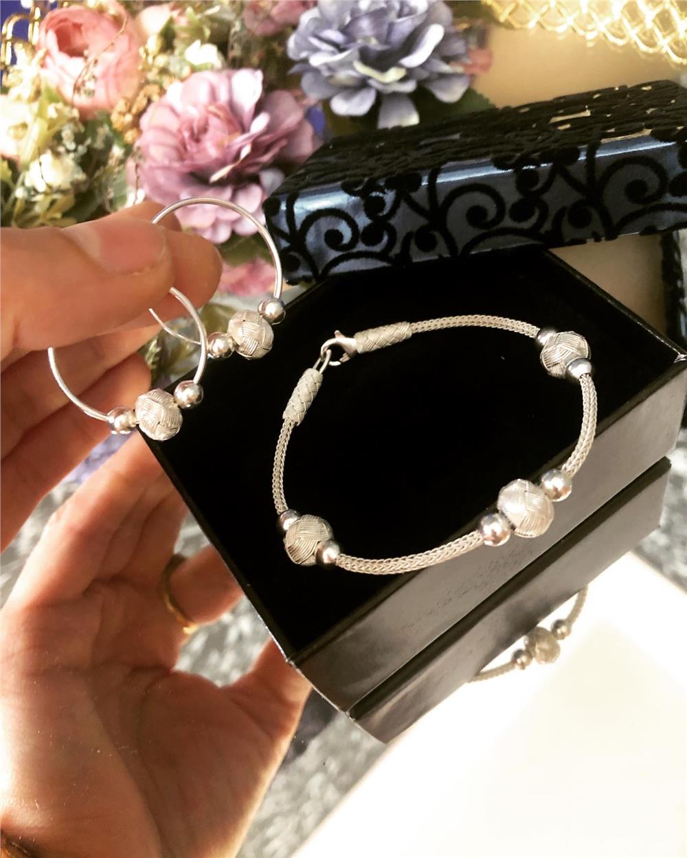 Üç Top İşlemeli Kazaziye Gümüş Bileklik&Küpe Set