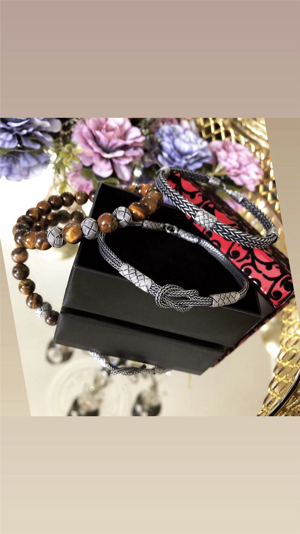 Üçlü Doğal Kaplan Gözü Taş&Oksitli Gümüş Bileklik Set