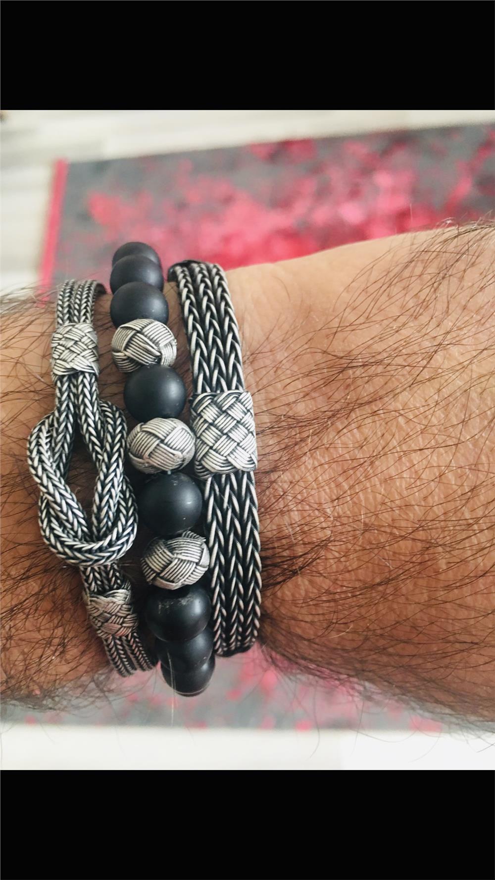 Üçlü Doğal Obsidyen Taş&Oksitli Gümüş Bileklik Set