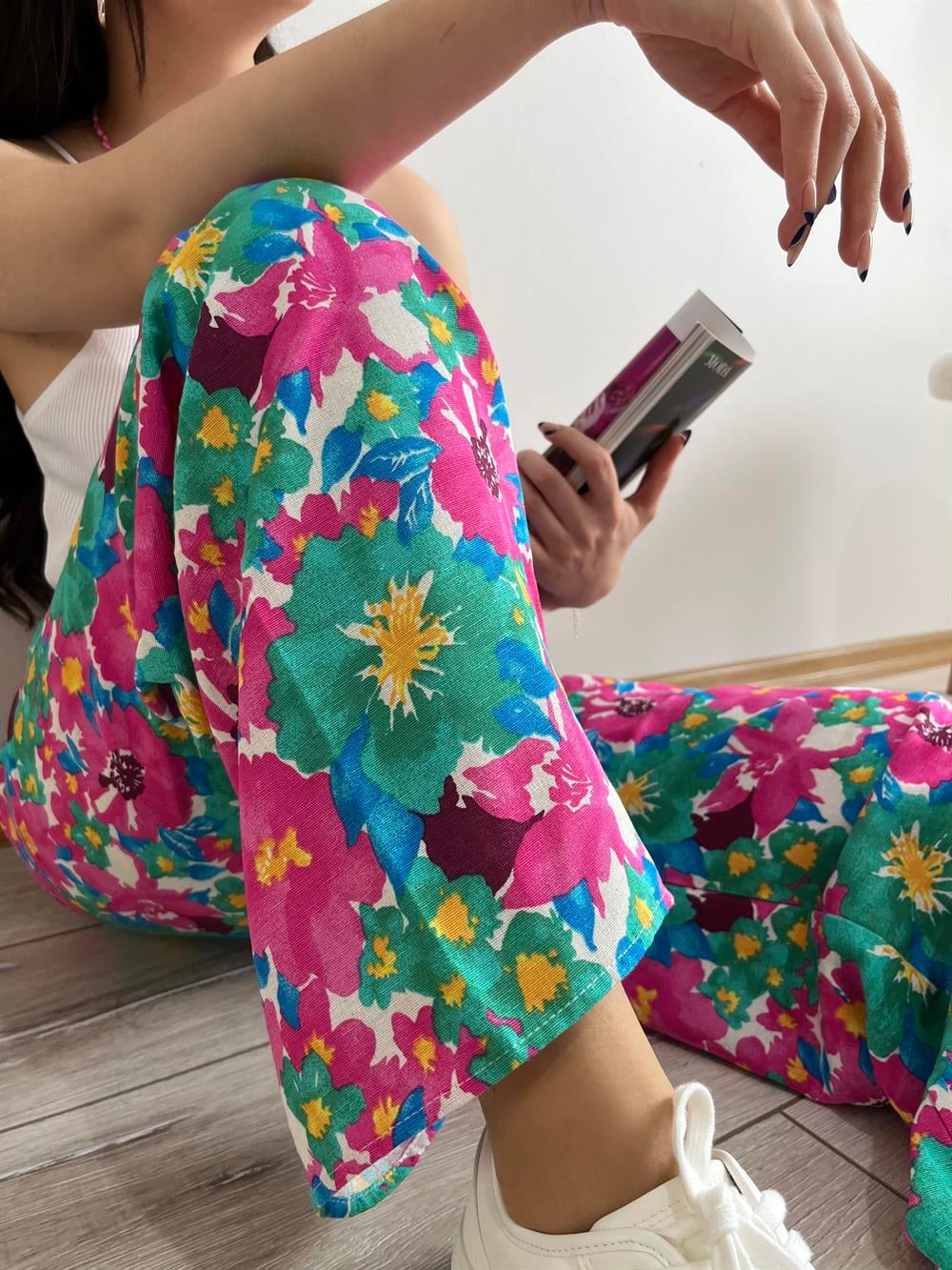 BOL PAÇA ÇİÇEKLİ KETEN PANTOLON 
