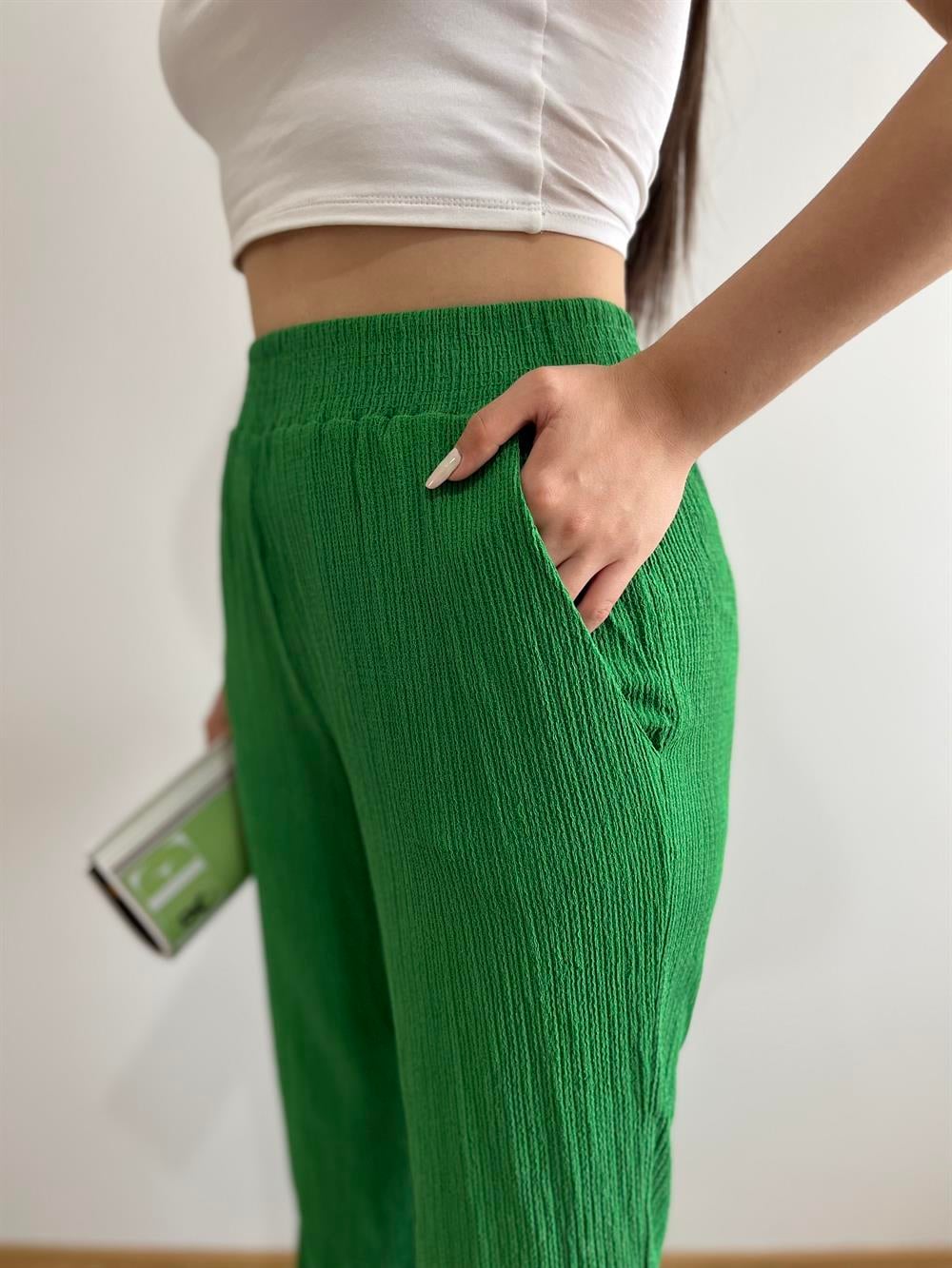 PİLİSELİ  BOL PAÇA PANTOLON YEŞİL 