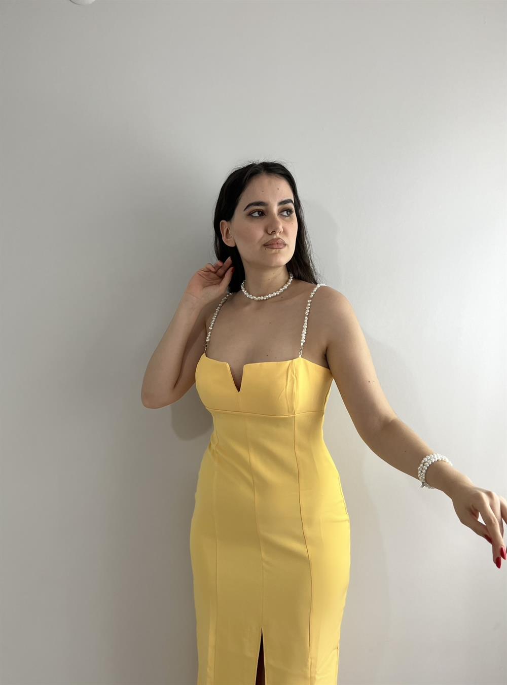ZARA MODEL ASKILARI İNCİ KALEM ELBİSE