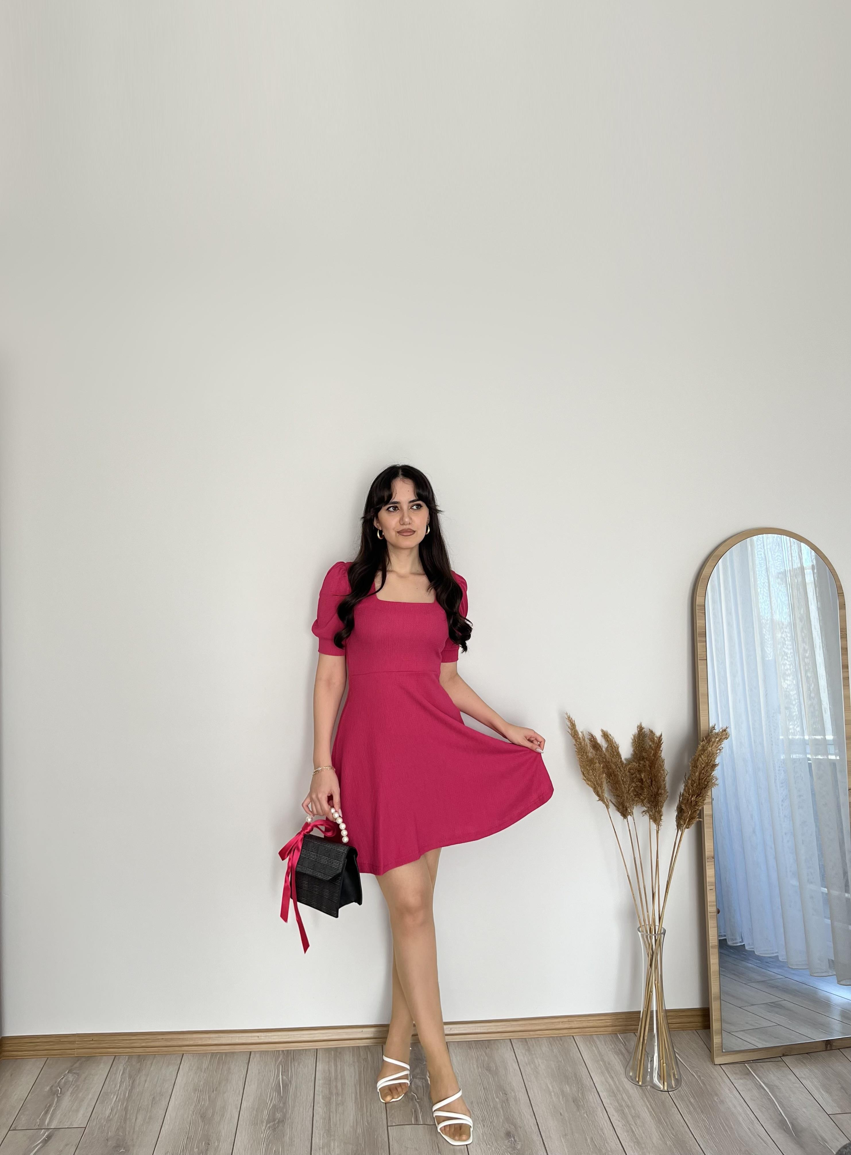KARE YAKA ÖRME ELBİSE FUŞYA