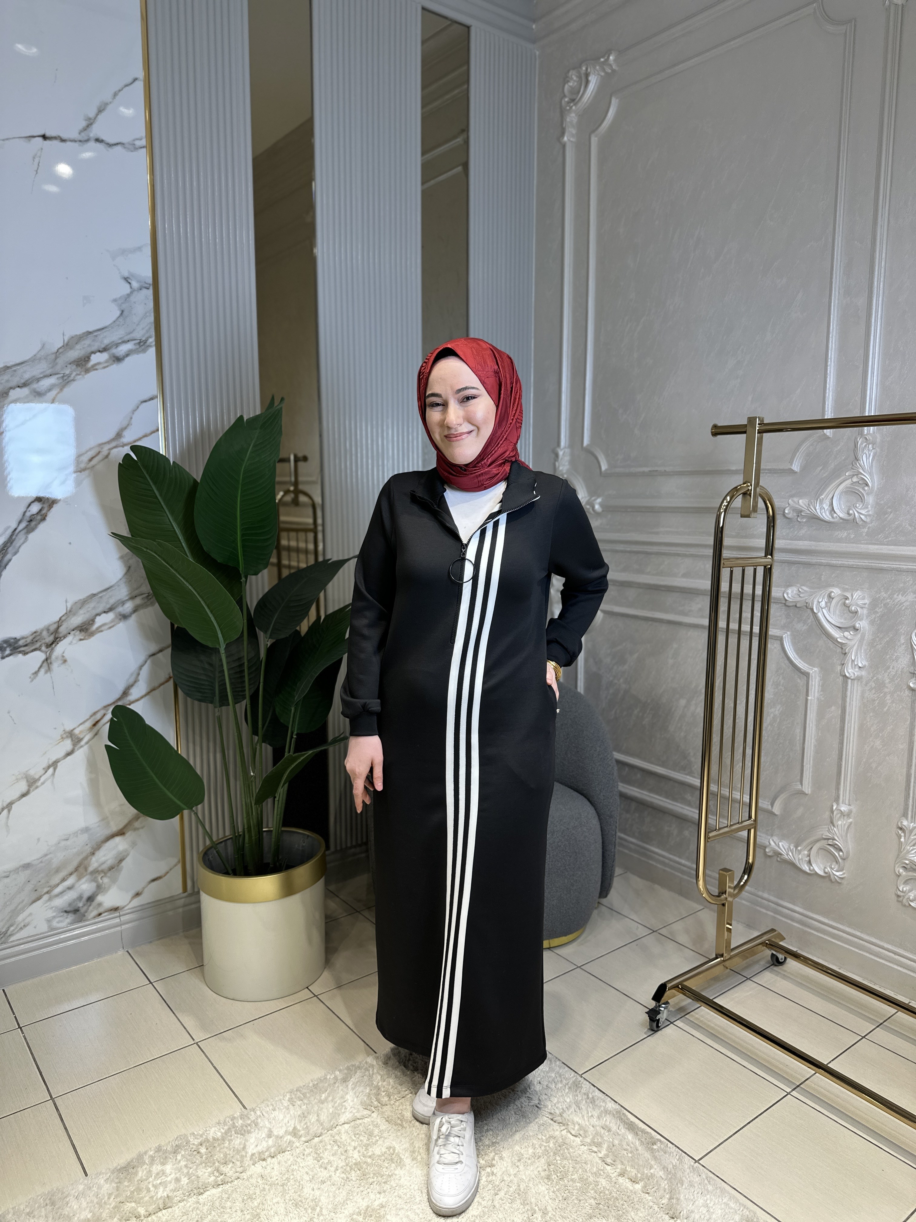 12555 Ön Fermuarlı Çizgili Elbise