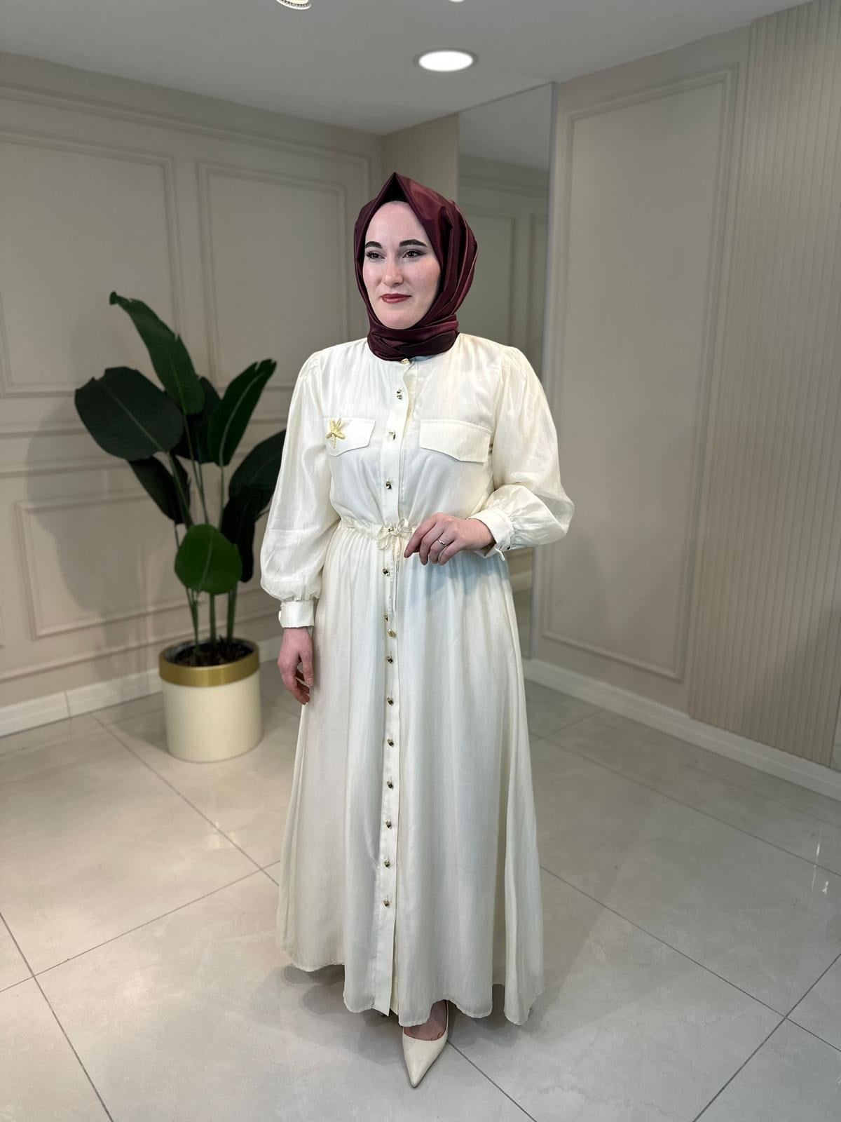 13287 Düğme Detaylı İpek Tensel Elbise