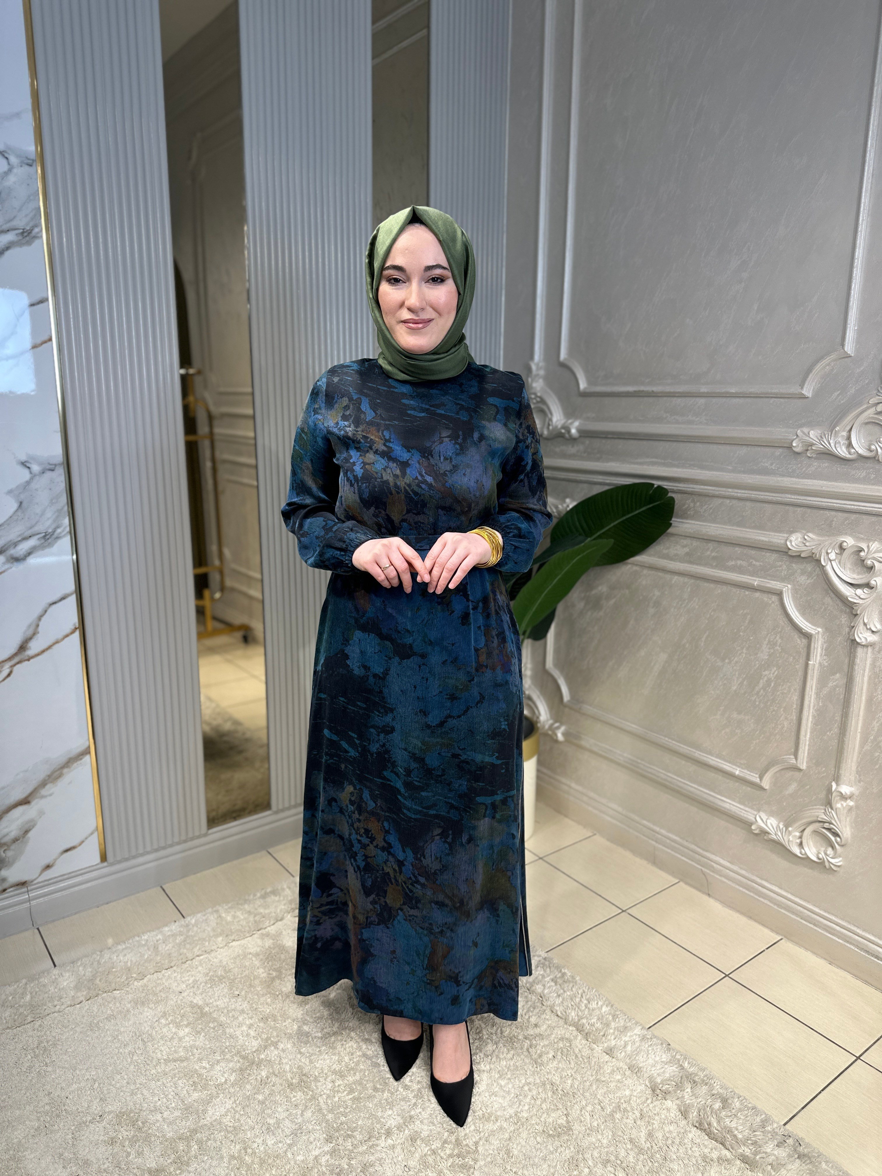 1461 Desenli Fermuarlı Elbise