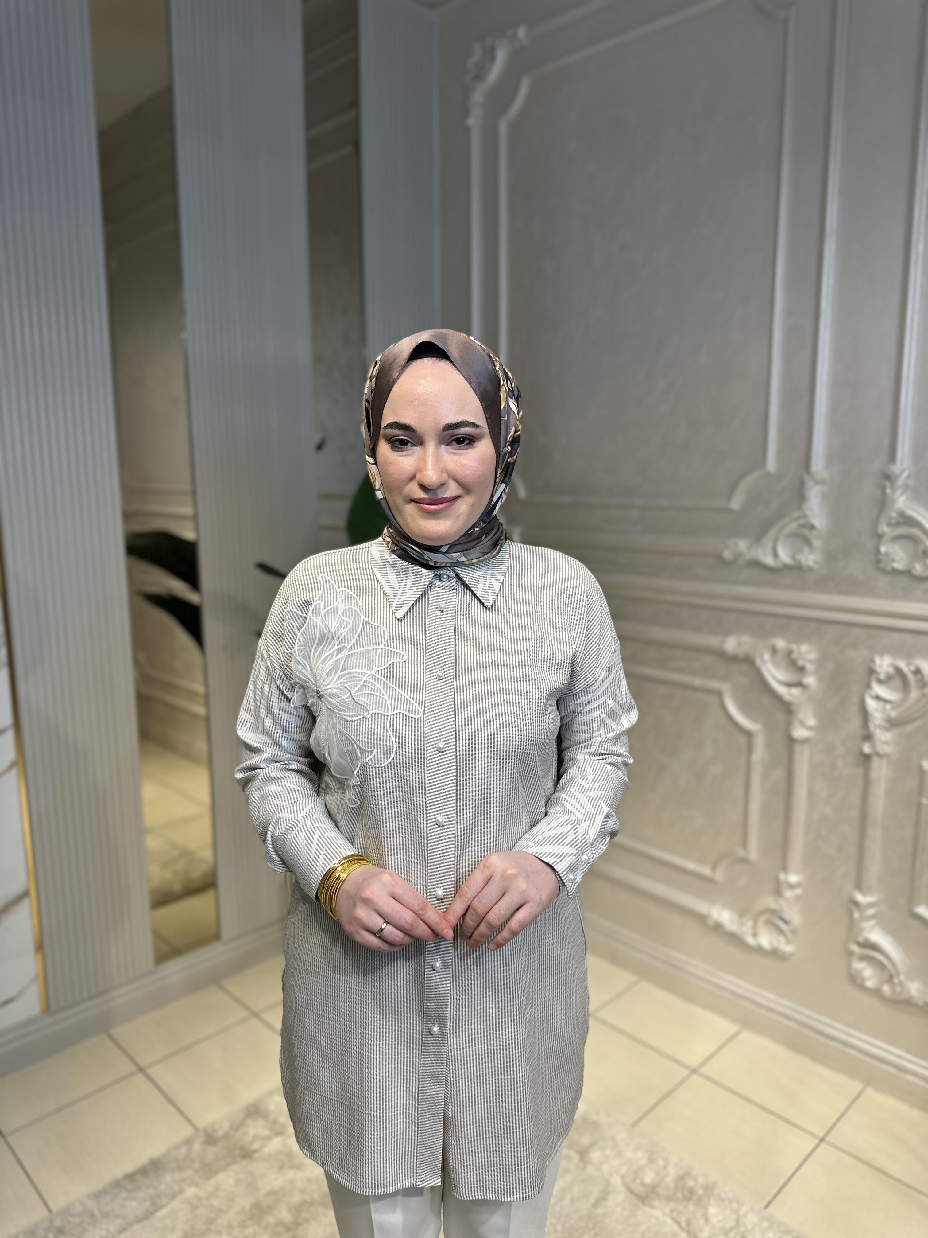 3212 Çizgili Lase İşlemeli Gömlek