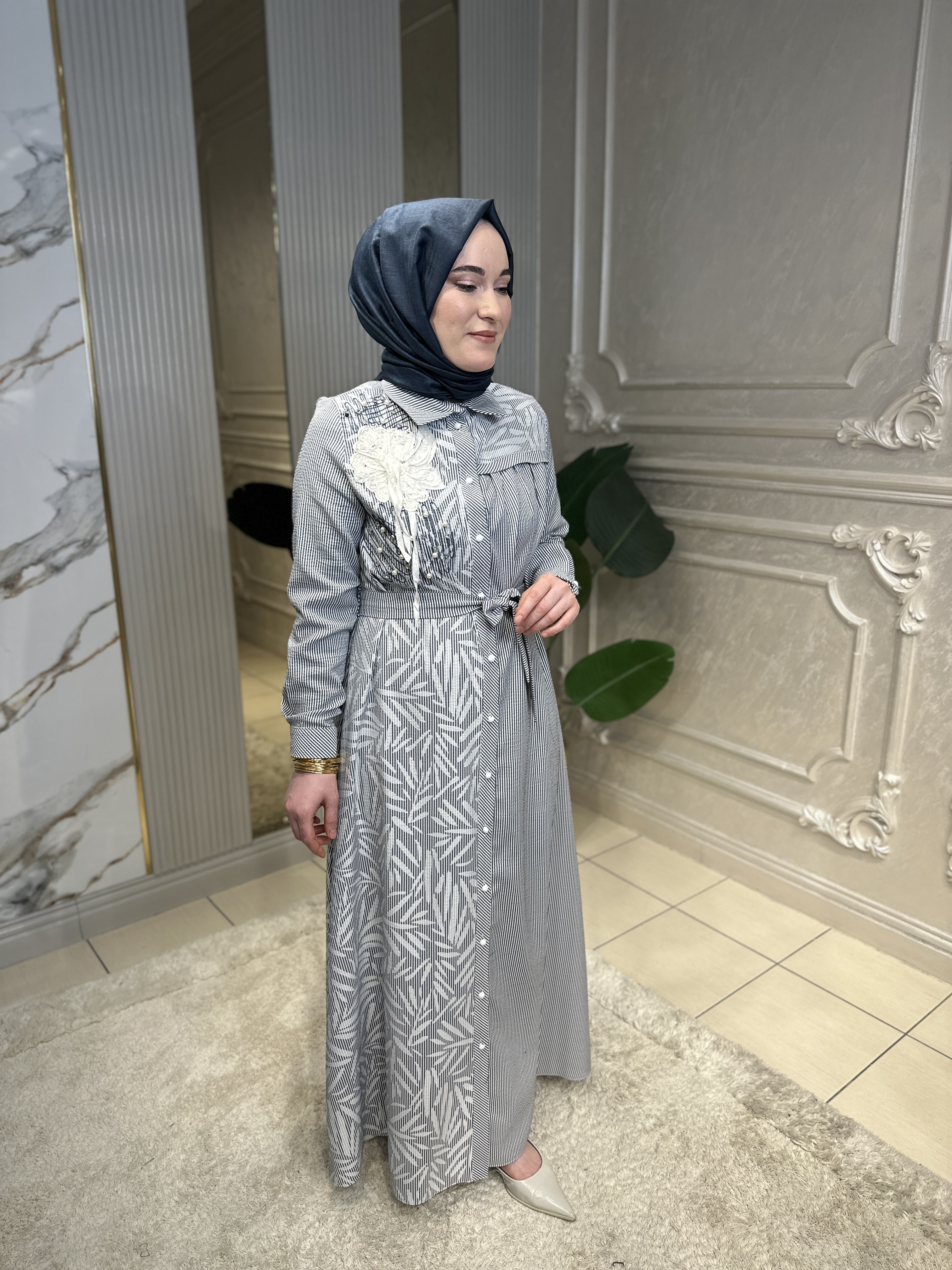 5031 Lase İşlemeli Çizgili Elbise