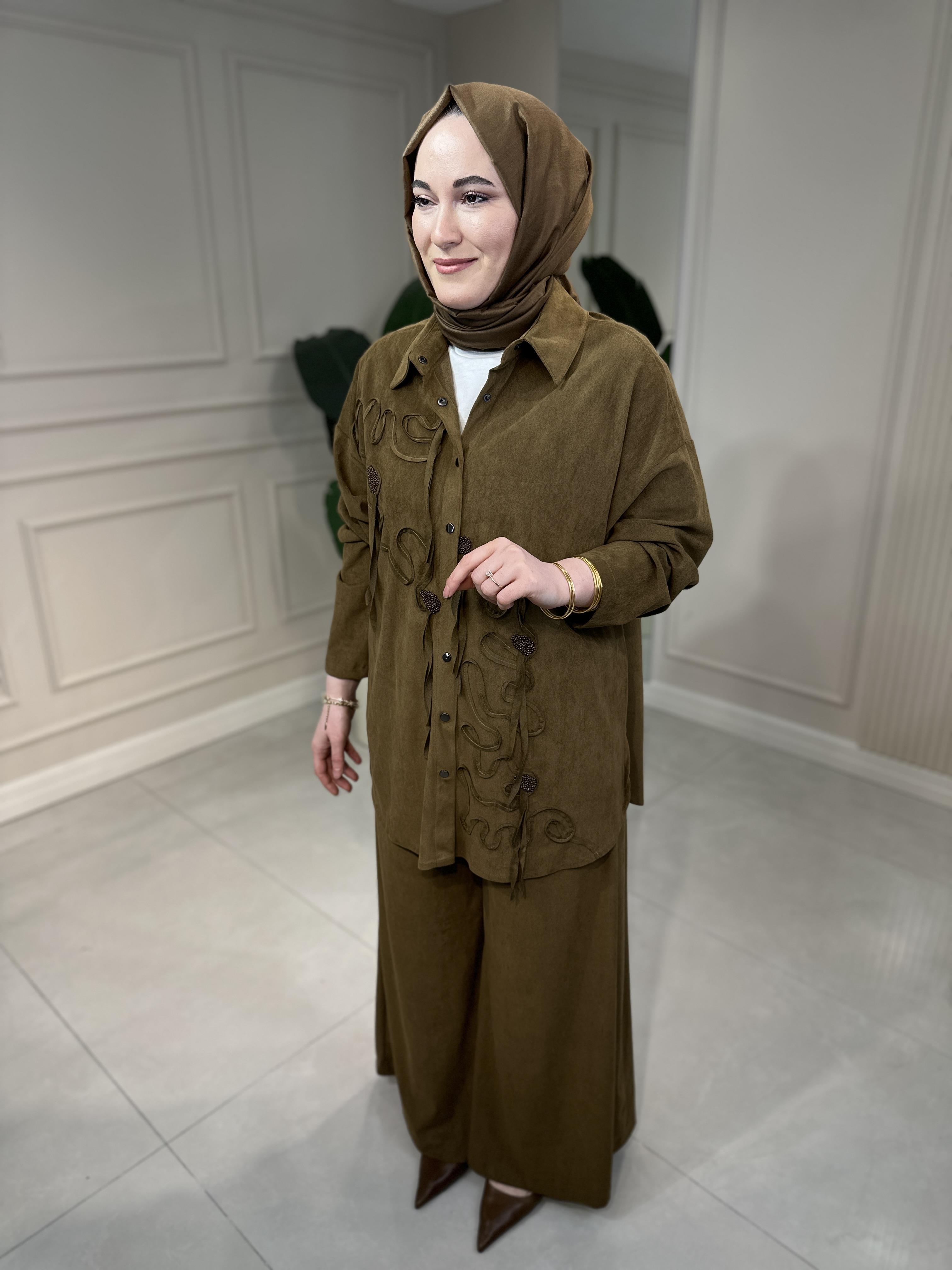 6957 Lase Nakışlı Pantolonlu Takım