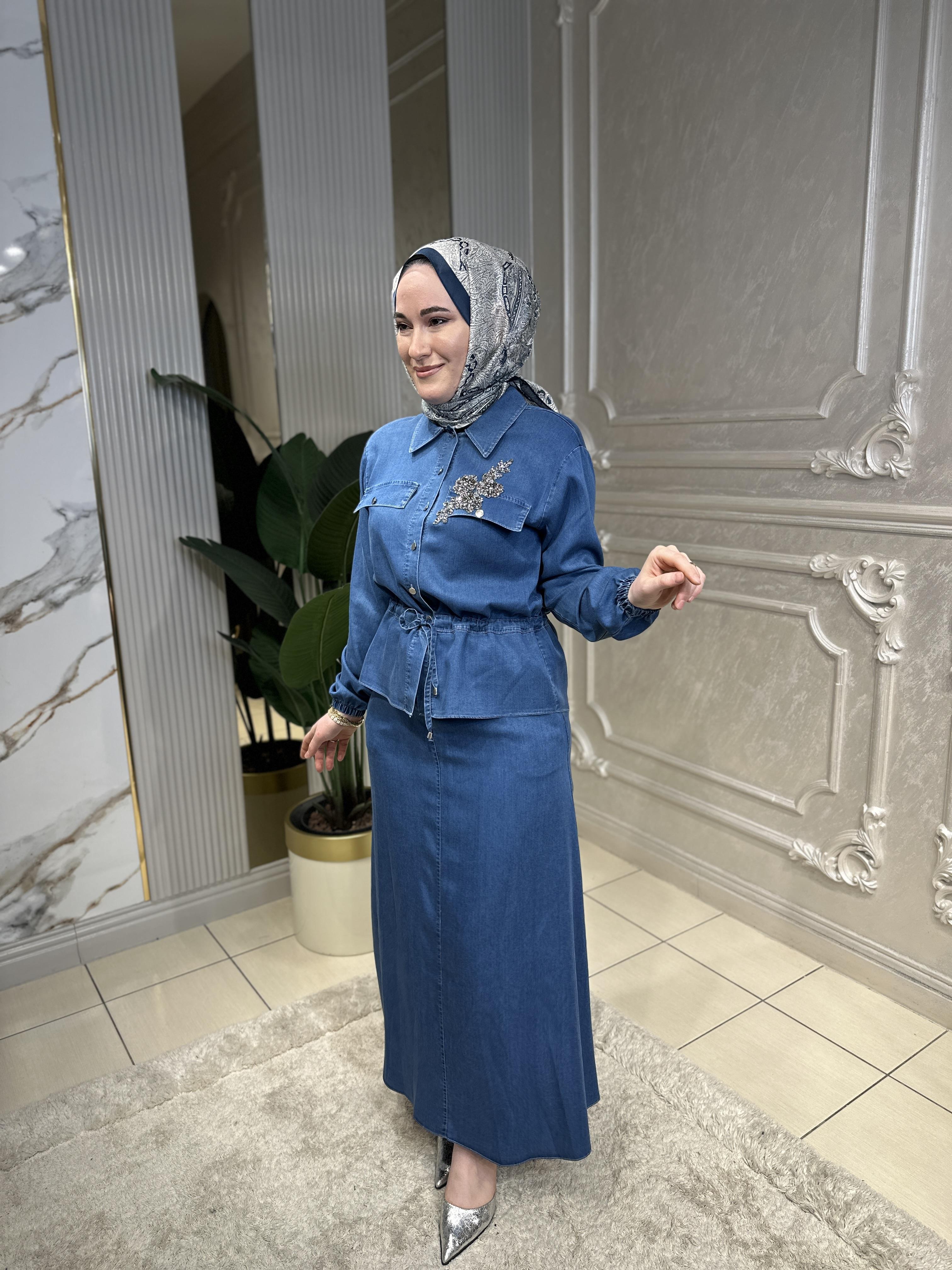 7200 Tencel Taşlı Bumber Ceketli Etek Takım