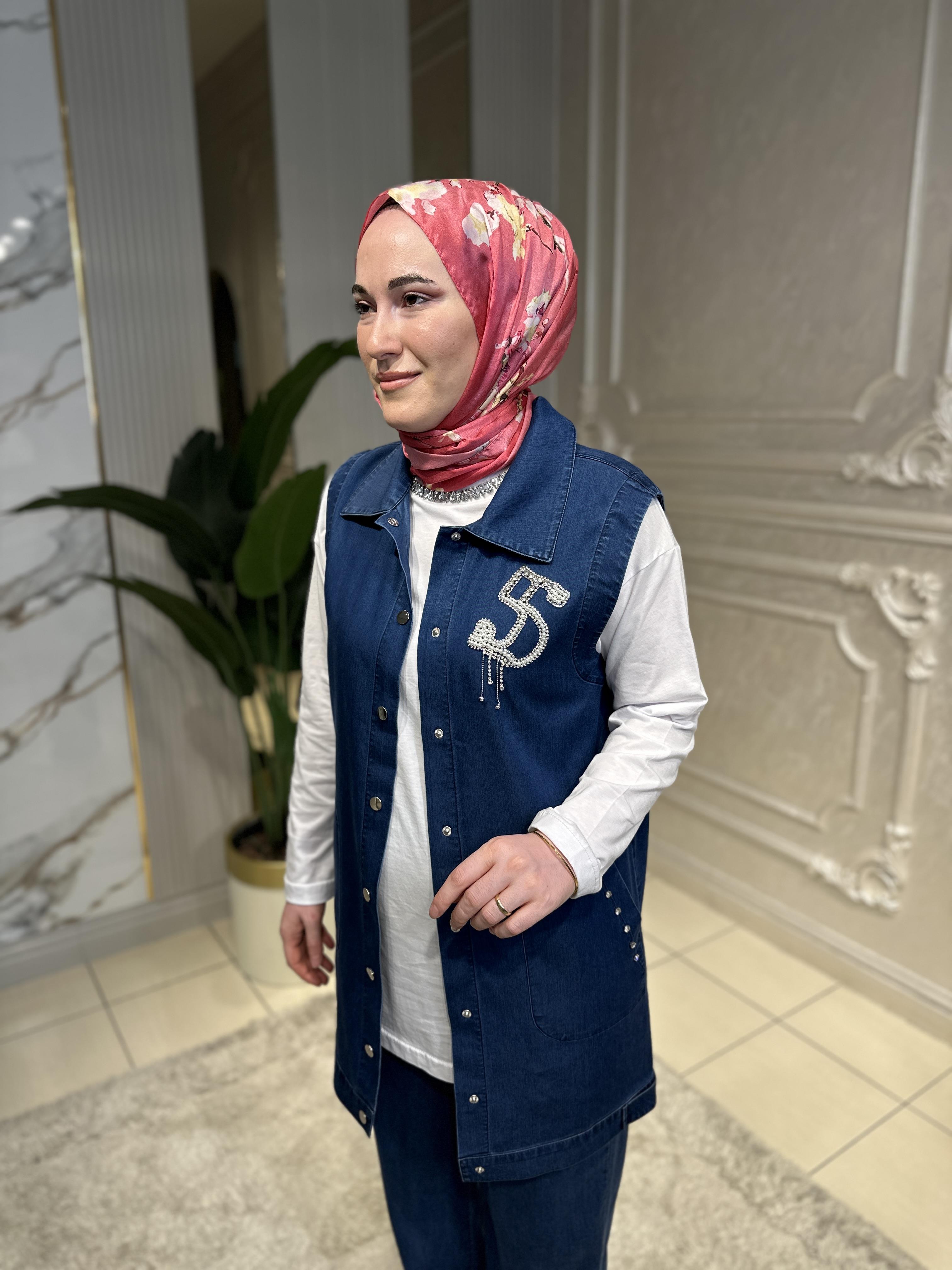 9007 Cepleri Taşlı Tencel Yelek