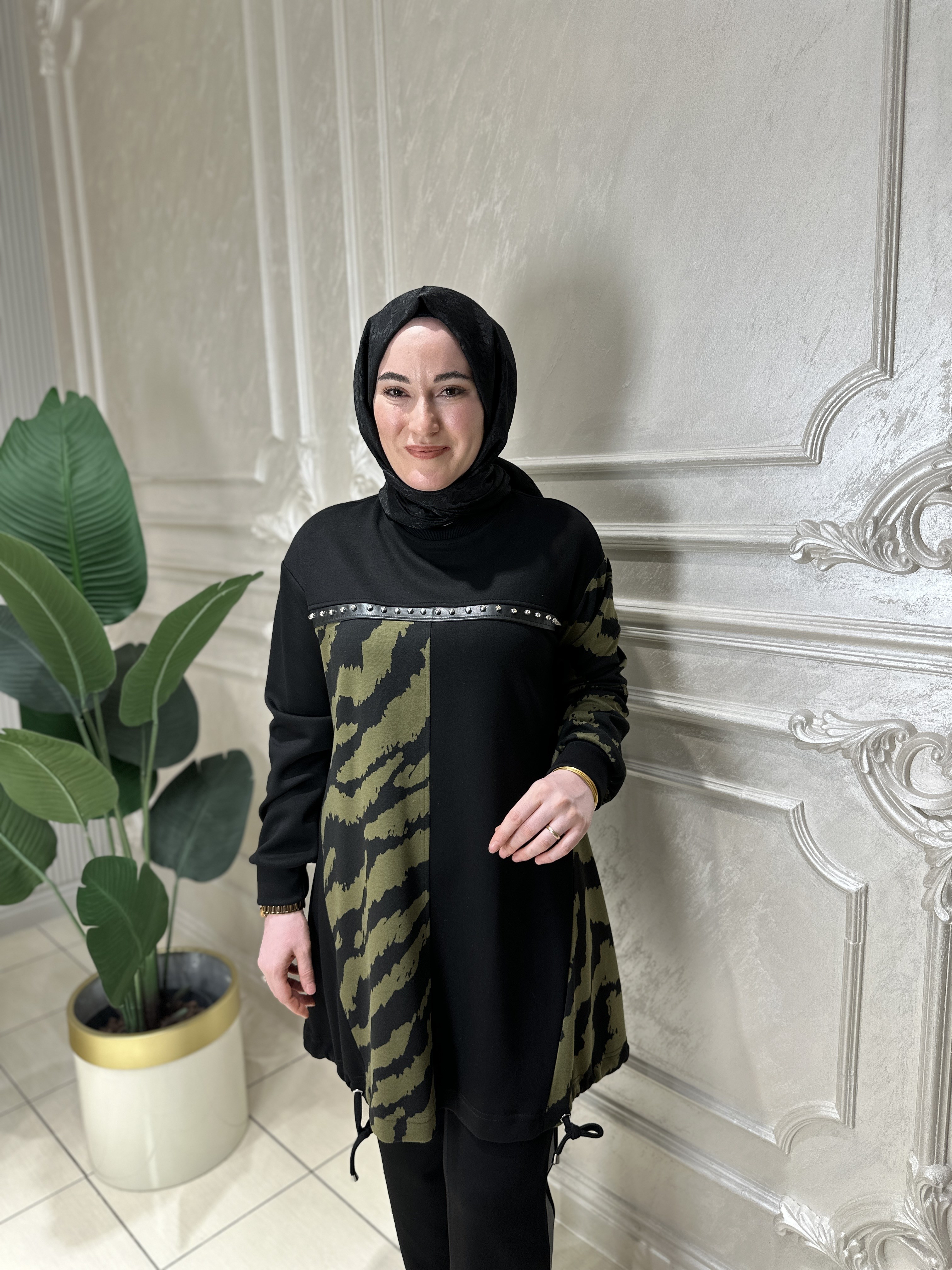 Ak3085 Zebra Desen Taş Detaylı Tunik