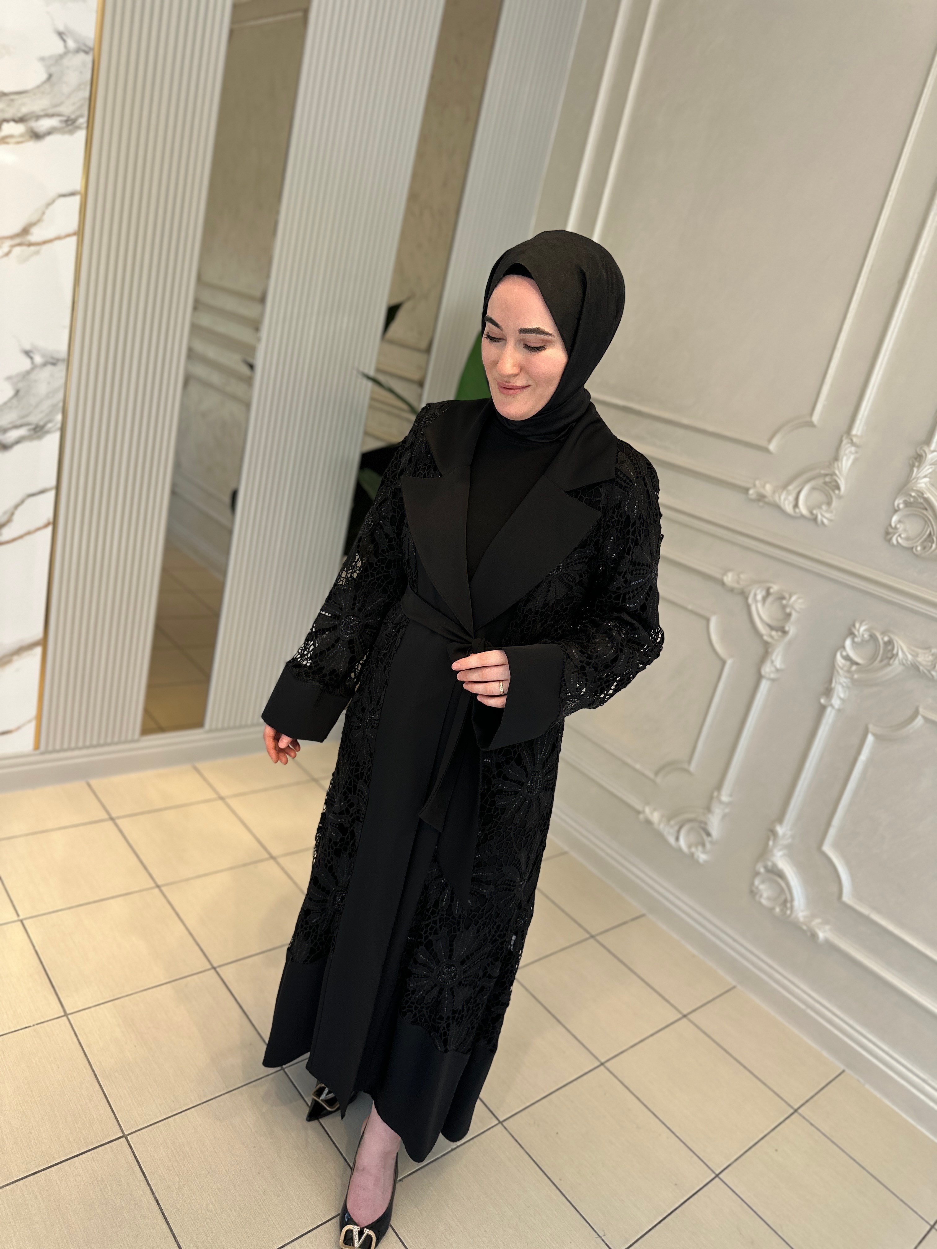 Ak6084 Ceket Yaka Dantel Abaya