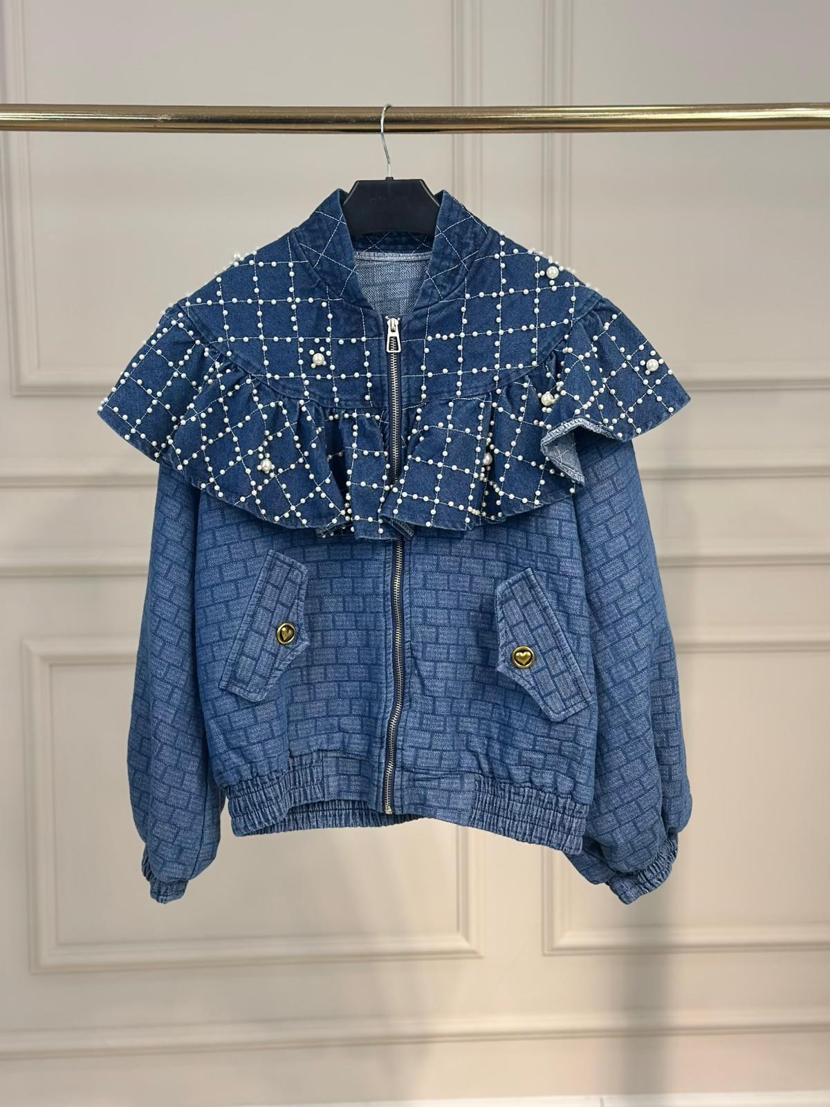 İthal İncili Kot Bomber Ceket
