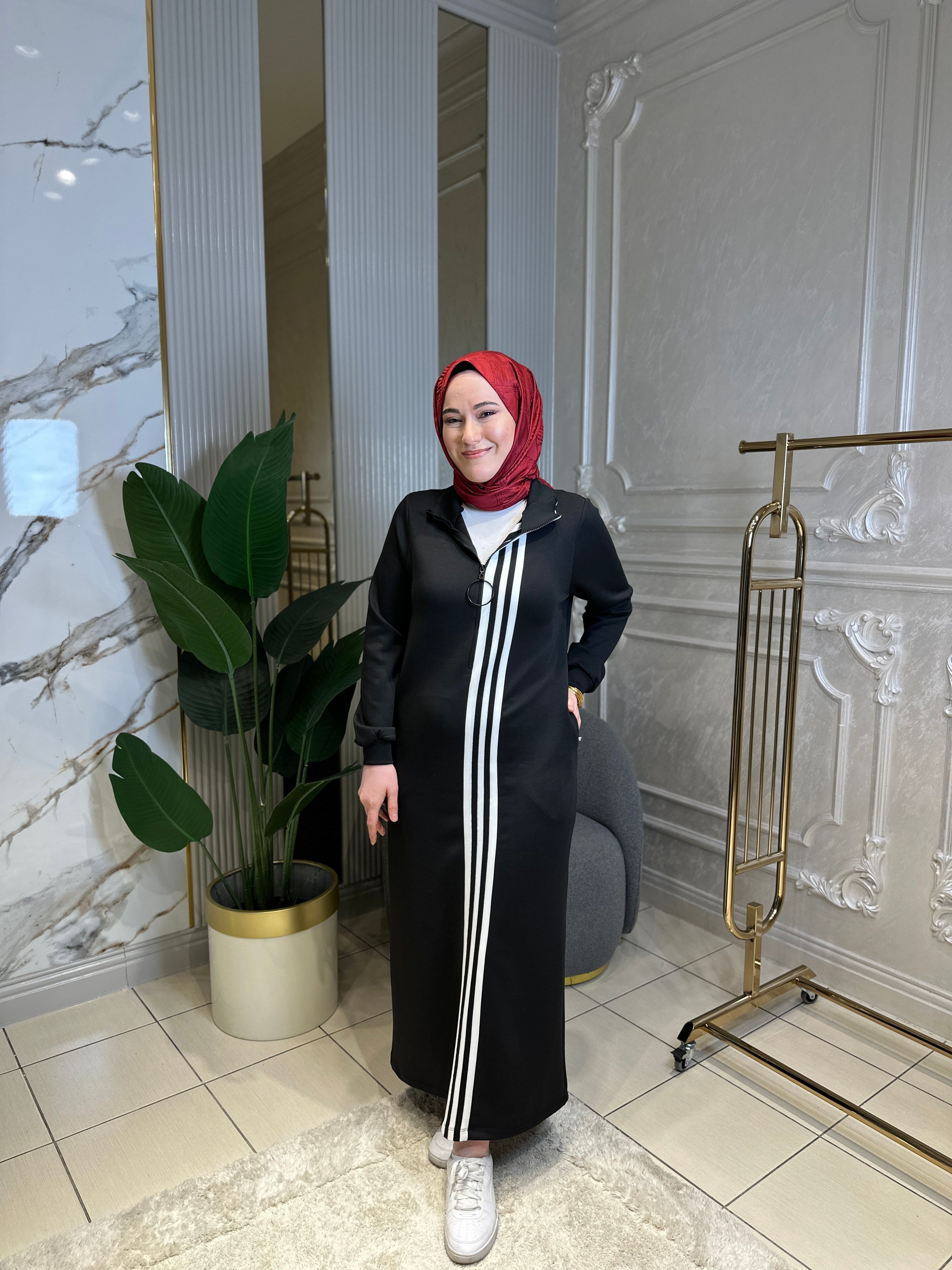 12555 Ön Fermuarlı Çizgili Elbise